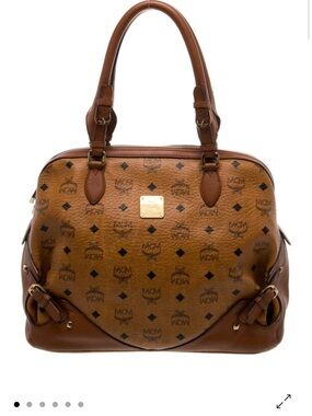 MCM Brown Visetos Dome Satchel with Gold Plaque